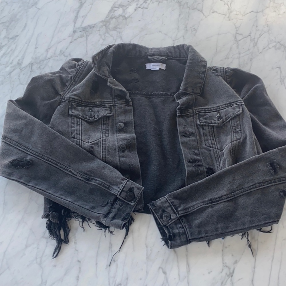 Cropped Distressed Denim Jacket